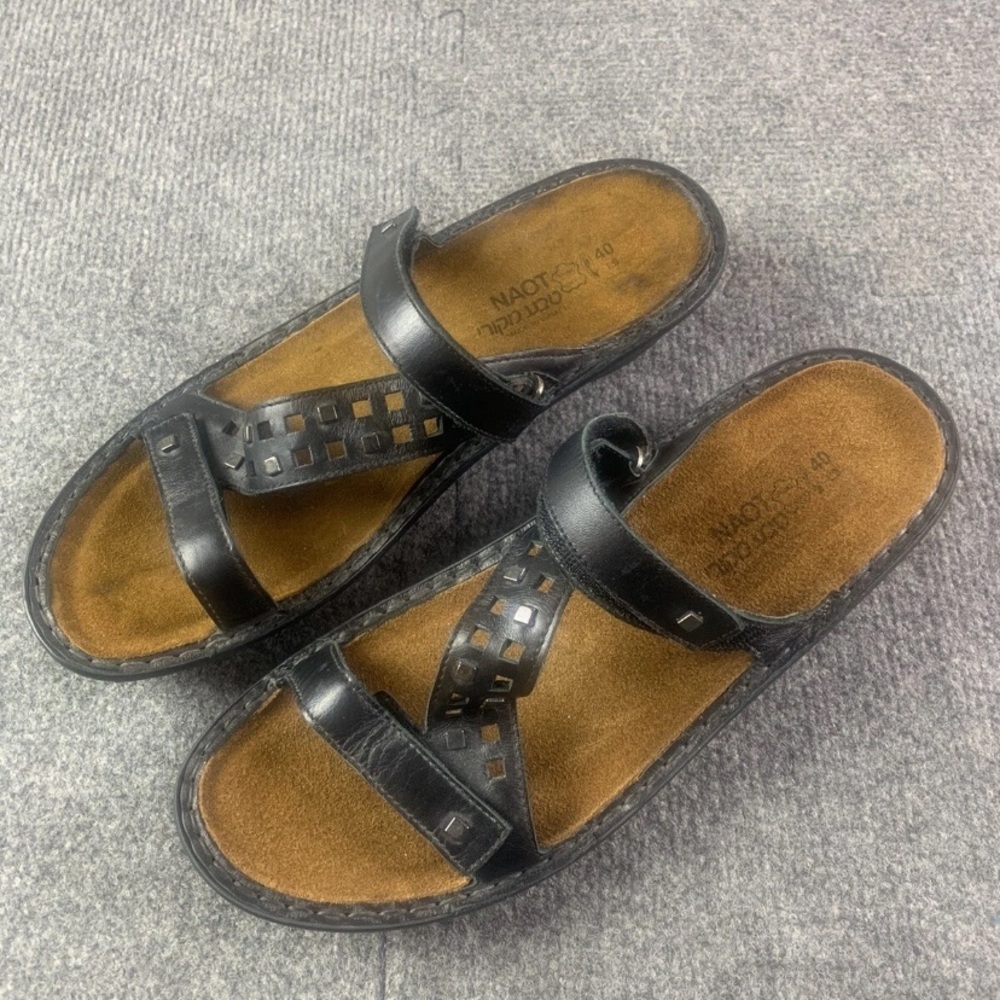 NAOT Womens Leather Strap Slip On Flat Sandals Size 40 Black